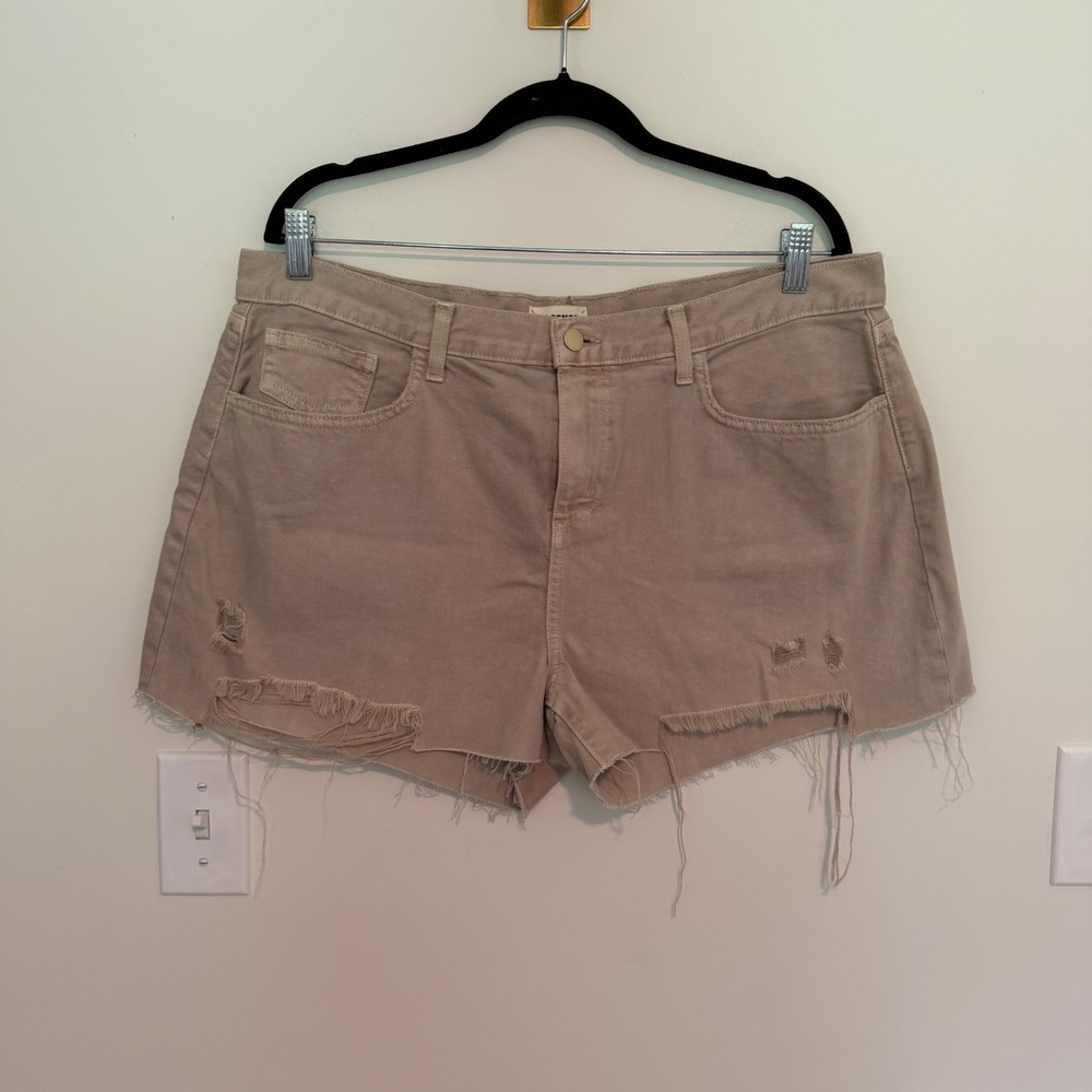 L'AGENCE Tan Khaki Distressed Raw Hem Denim Shorts 100% Cotton Womens Size‎ 34